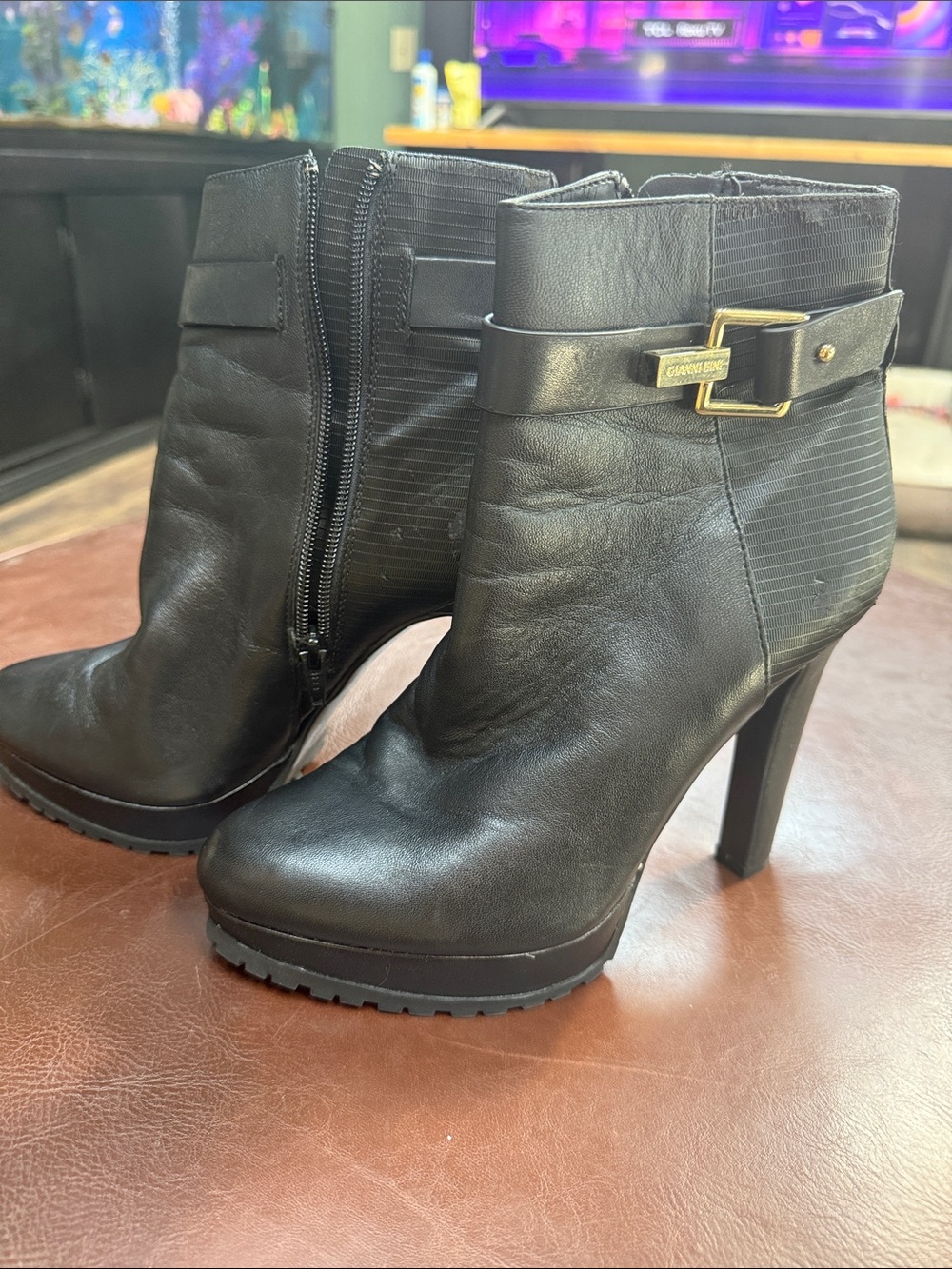 Gianni Bini Black Leather Platform Stiletto Ankle Boots with Gold Buckle